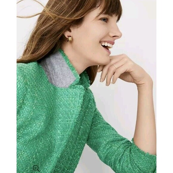 Ann Taylor Womens Kelly Green Tweed Blazer Sz 0 Fringe Career Pockets Preppy N52 - Picture 3 of 10